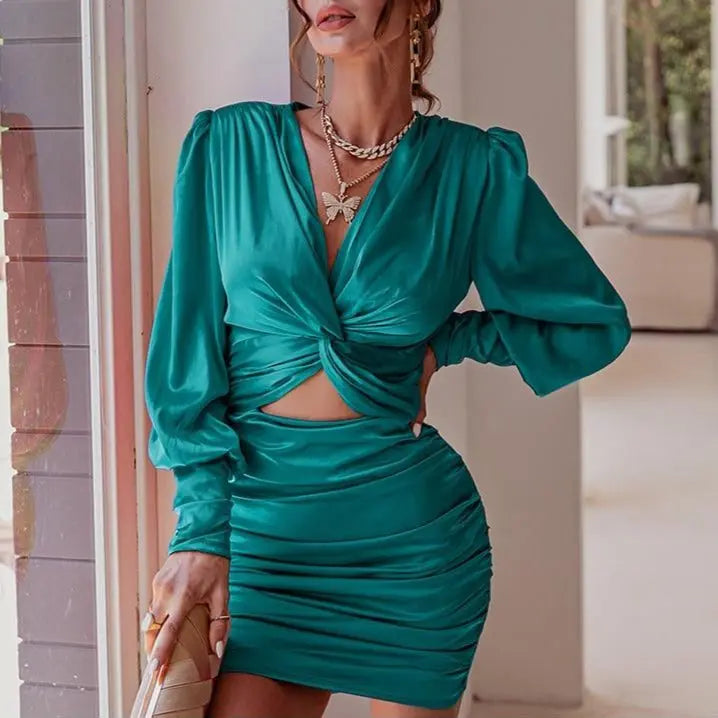 deep v neck bodycon dress Party club hollow out mini dress Elegant lantern sleeve satin dress nowadaysfashion