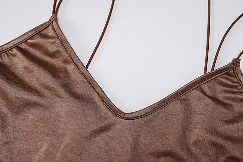 Pu Faux Leather Women Slit Midi Dress Strap V Neck Backless Bodycon Sexy Streetwear nowadaysfashion