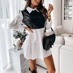 Long Sleeve Mini Shirt Dress For Women White 2022 Spring PU Leather Patchwork Plaid Dresses nowadaysfashion
