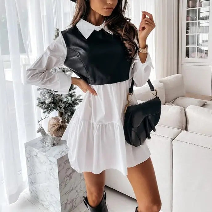 Long Sleeve Mini Shirt Dress For Women White 2022 Spring PU Leather Patchwork Plaid Dresses nowadaysfashion
