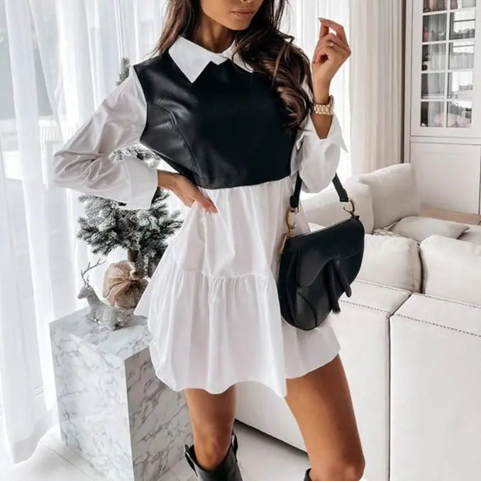Long Sleeve Mini Shirt Dress For Women White 2022 Spring PU Leather Patchwork Plaid Dresses nowadaysfashion