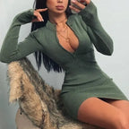 Bodycon Ribbed Dress Stand Collar Zipper Deep V-neck Solid Stretch Mini Vestido nowadaysfashion
