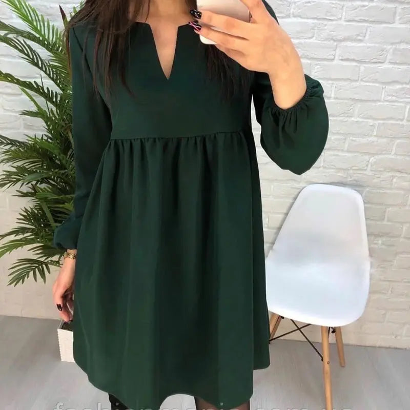 High Waist Mini Dress Long sleeve Sexy V-Neck Solid Color Party Lantern Sleeve Dress nowadaysfashion