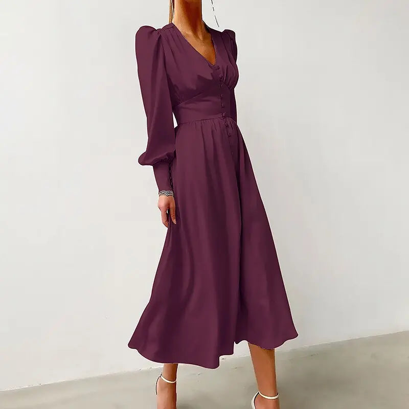 Single Breasted Dress High Waist Satin Long Dress V Neck Women Midi Dresses Lantern Sleeve nowadaysfashion