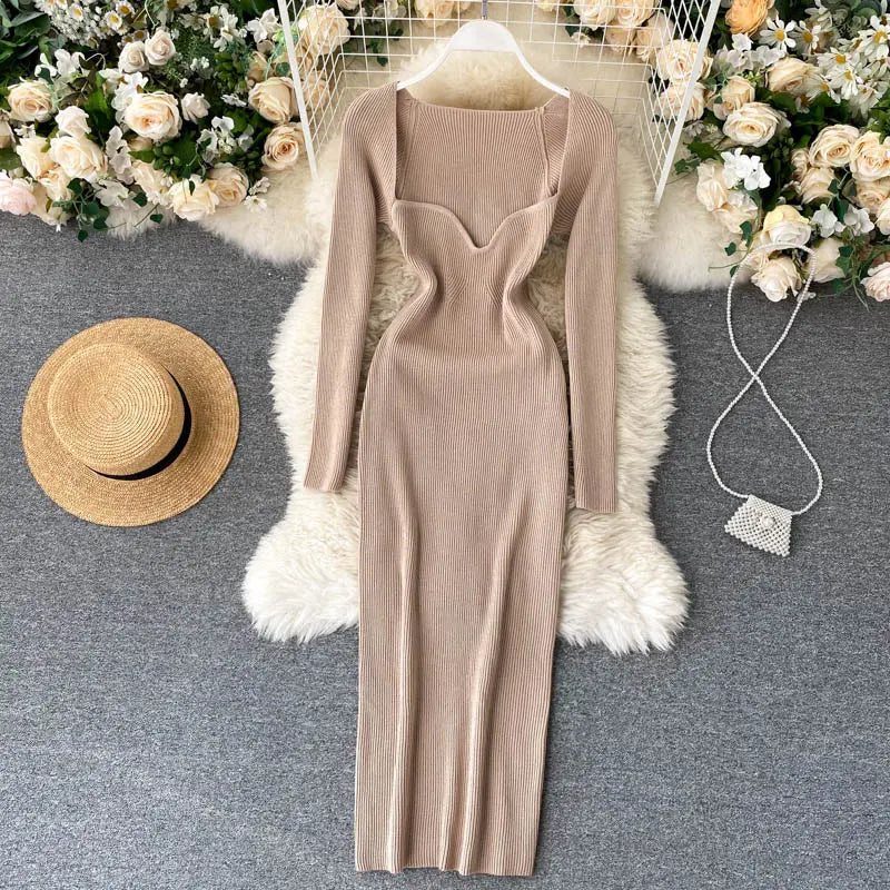 Strapless Ribbed Knitted Bodycon Dress Women Winter Long Sleeve Midi Sweater Dress nowadaysfashion