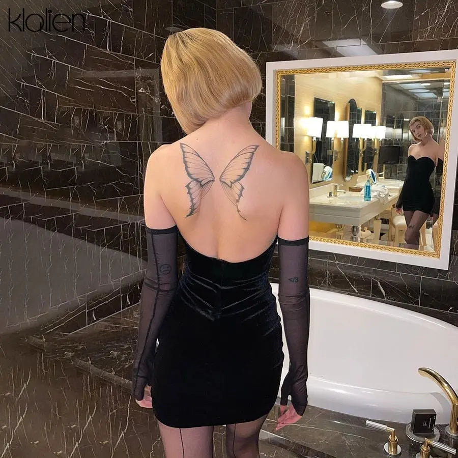 Black Strapless Dress Women New Simple Slim Removable Mesh sleeves Female Dress nowadaysfashion