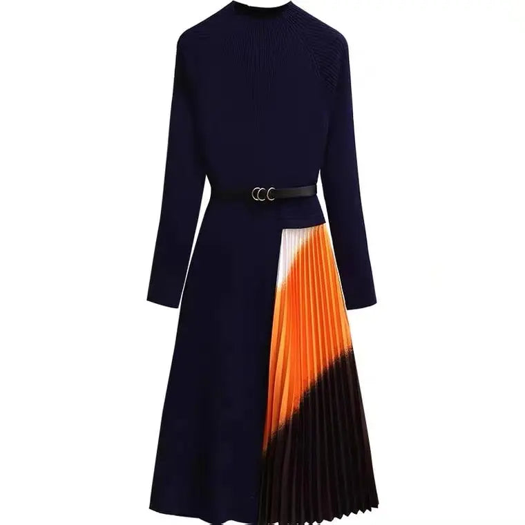 Knitted Patchwork Gradient Print Pleated Dress Long Sleeve Office One-Piece Sweater Dress With Belt nowadaysfashion