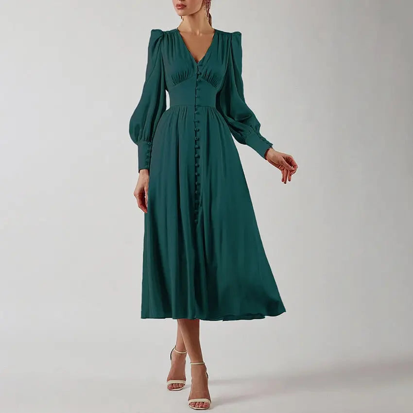 Single Breasted Dress High Waist Satin Long Dress V Neck Women Midi Dresses Lantern Sleeve nowadaysfashion