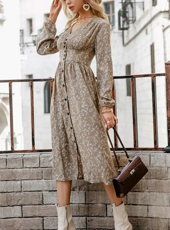 Retro pleated v-neck buttons A-line floral Elegant high waist maxi dress Long lantern sleeves vestido female nowadaysfashion
