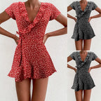 Summer Women’s Floal A-Line Dress Sweet Elegant Floral Ruffles V-neck Bandage Short Dress nowadaysfashion