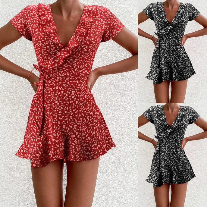 Summer Women’s Floal A-Line Dress Sweet Elegant Floral Ruffles V-neck Bandage Short Dress nowadaysfashion