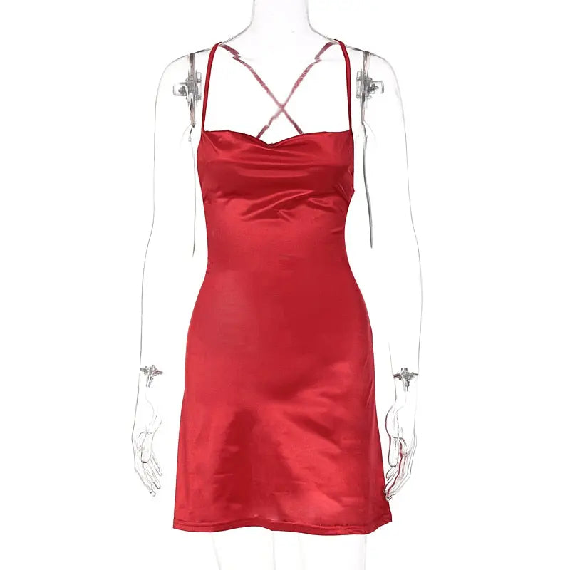 Women Satin Strap Mini Dress Lace Up Bandage Bodycon Backless Sexy Streetwear nowadaysfashion