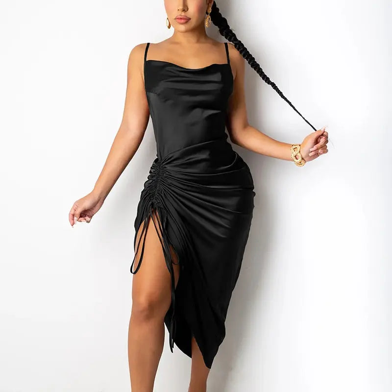 Ruched Satin Summer Dress Drawstring Spaghetti Straps Cowl Neck Backless Long Dresses nowadaysfashion