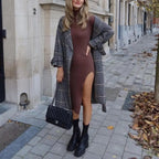 Long Sleeves High-Neck Elastic Midi Dress Lady Knit Sweater Dresses nowadaysfashion