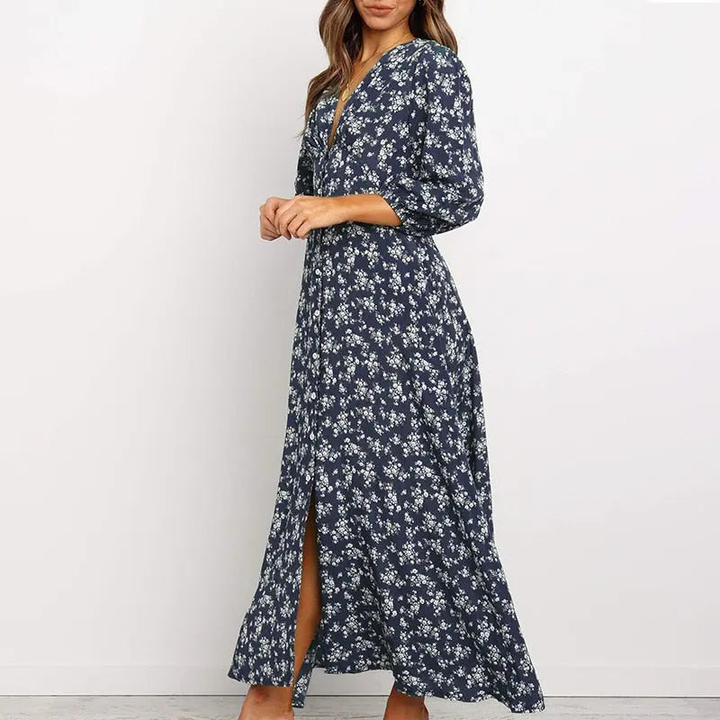 Women Chiffon Long Dress Floral Print Lantern Sleeve A-line Maxi Vestidos Vintage V Neck Dresses nowadaysfashion