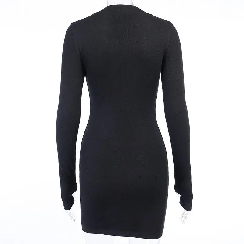Bodycon Ribbed Dress Stand Collar Zipper Deep V-neck Solid Stretch Mini Vestido nowadaysfashion