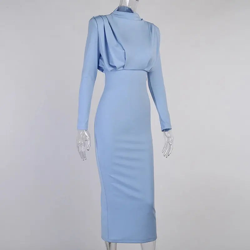 Elegant Women Dress Stand Collar Slim Waist Solid Ankle Length Autumn Long Sleeve Dress nowadaysfashion