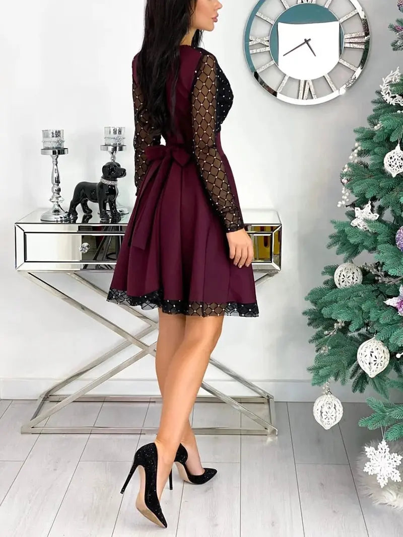 Shiny Sequin Diamond Mesh Stitching Dress Women Spring Autumn Sheer Long Sleeve Belted Slim A Line Dresses nowadaysfashion