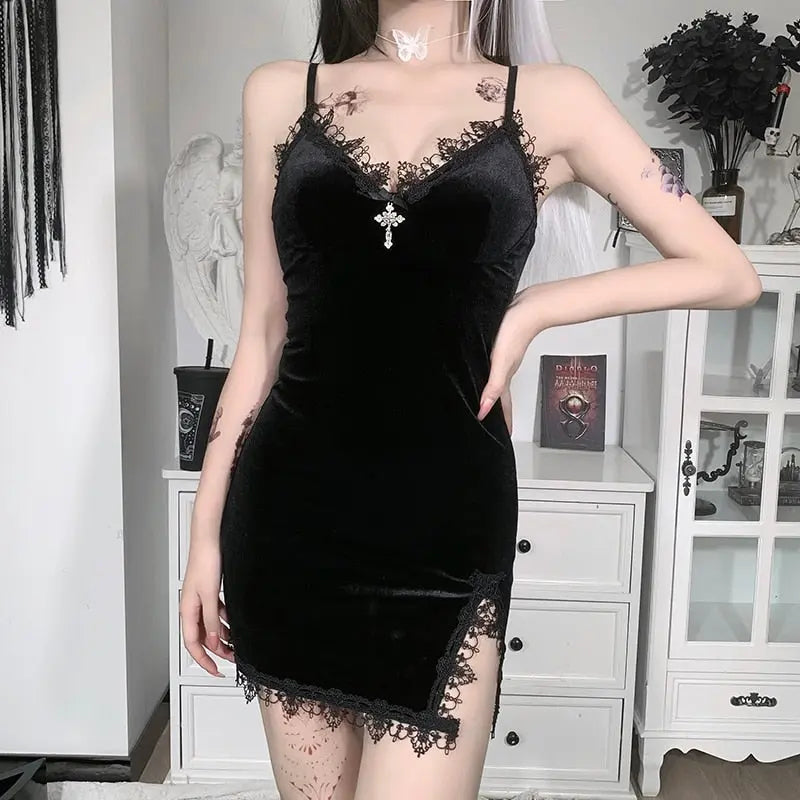 Gothic Dark Cross Black Mini Dress Vintage Sexy Spaghetti Strap High Waist Slit Dresses nowadaysfashion