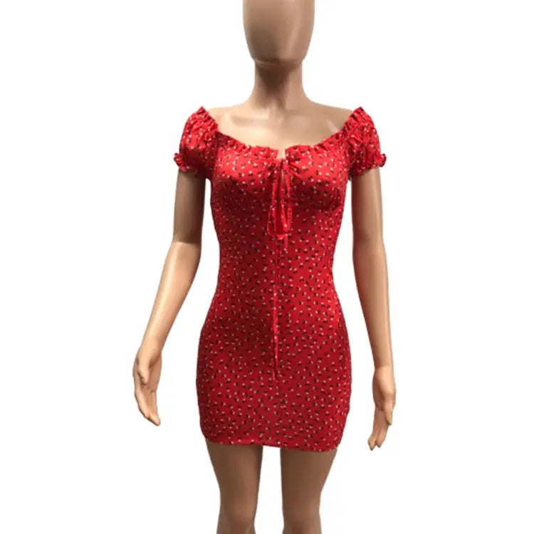 Women Floral Wrap Dress Off Shoulder Tie Up Front Ruffle Mini Dress Summer Office Lady Slash Neck Printed Pencil Dress nowadaysfashion