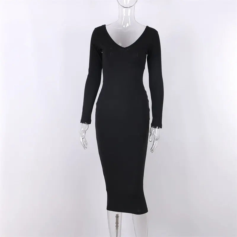 Sexy Bodycon Midi Woman Dress Knitted Long Sleeve V Neck Party Elegant Robe Women's Dresses nowadaysfashion
