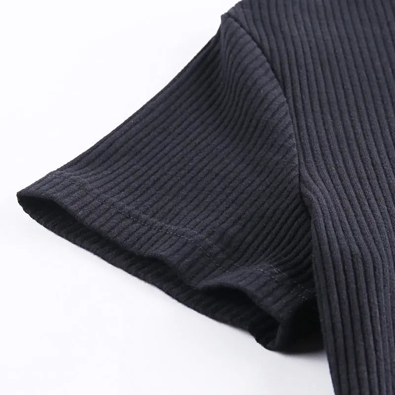 Bodycon Ribbed Dress Stand Collar Zipper Deep V-neck Solid Stretch Mini Vestido nowadaysfashion