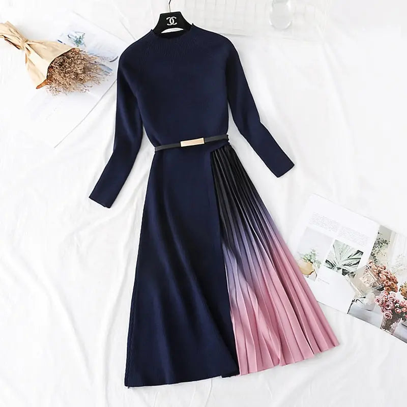 Knitted Patchwork Gradient Print Pleated Dress Long Sleeve Office One-Piece Sweater Dress With Belt nowadaysfashion