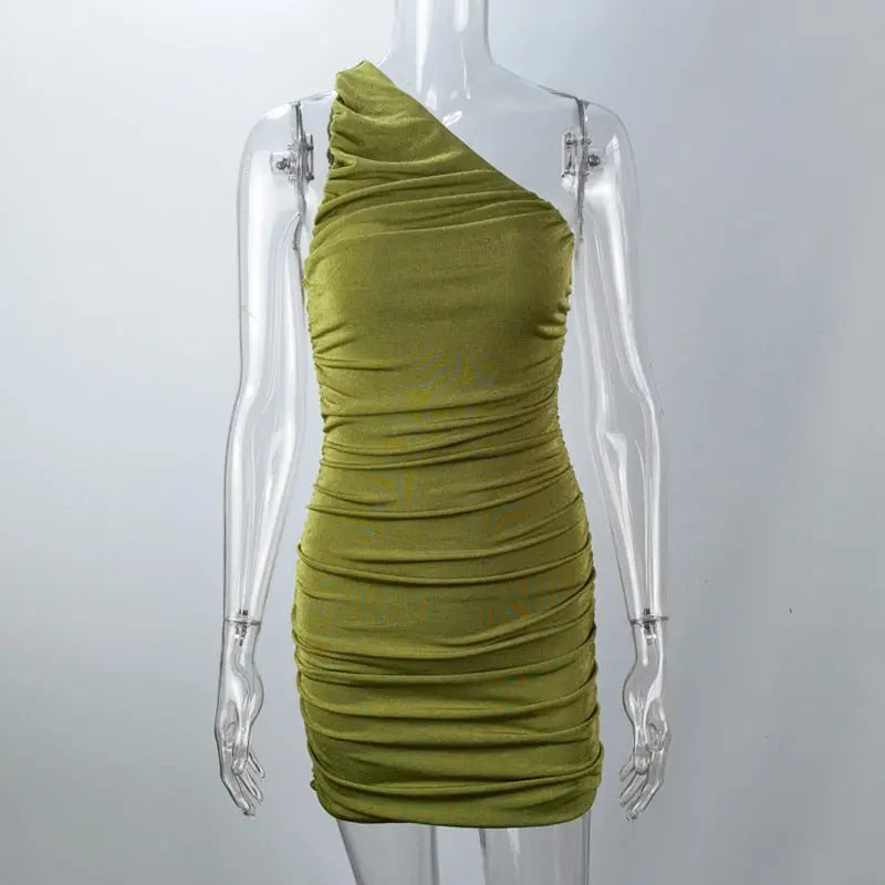 Elegant One Shoulder Party Dresses For Women Sleeveless Ruched Bodycon Dress Sexy Mini Summer Dress nowadaysfashion