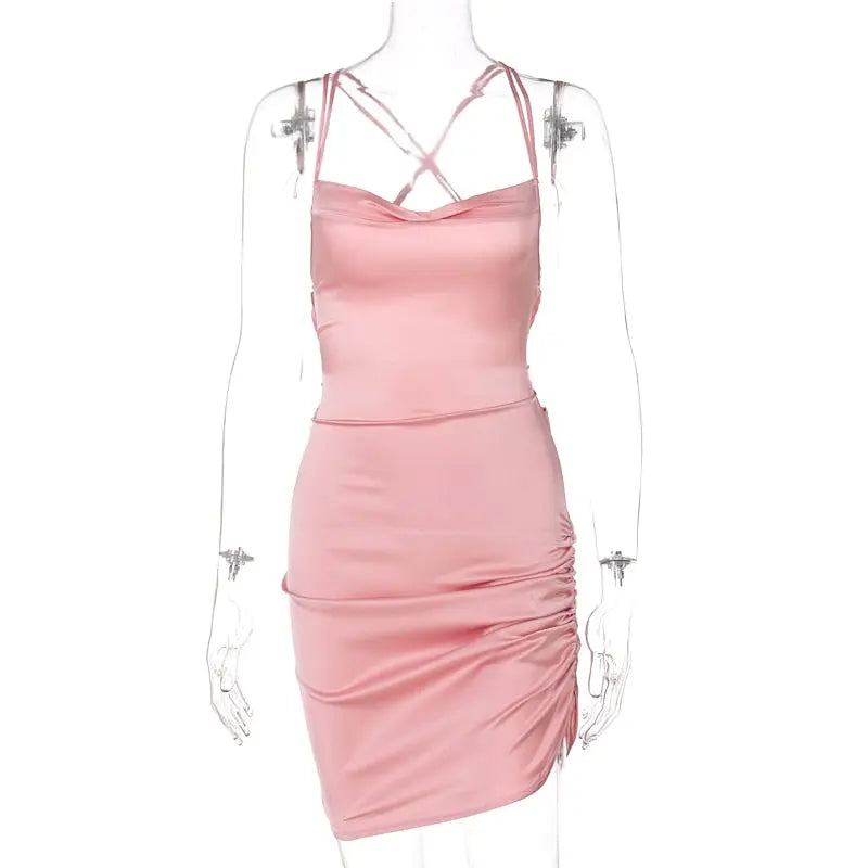 Satin Women Strap Mini Dress Ruched Lace Up Cross Bandage Backless Bodycon Sexy Party Elegant nowadaysfashion