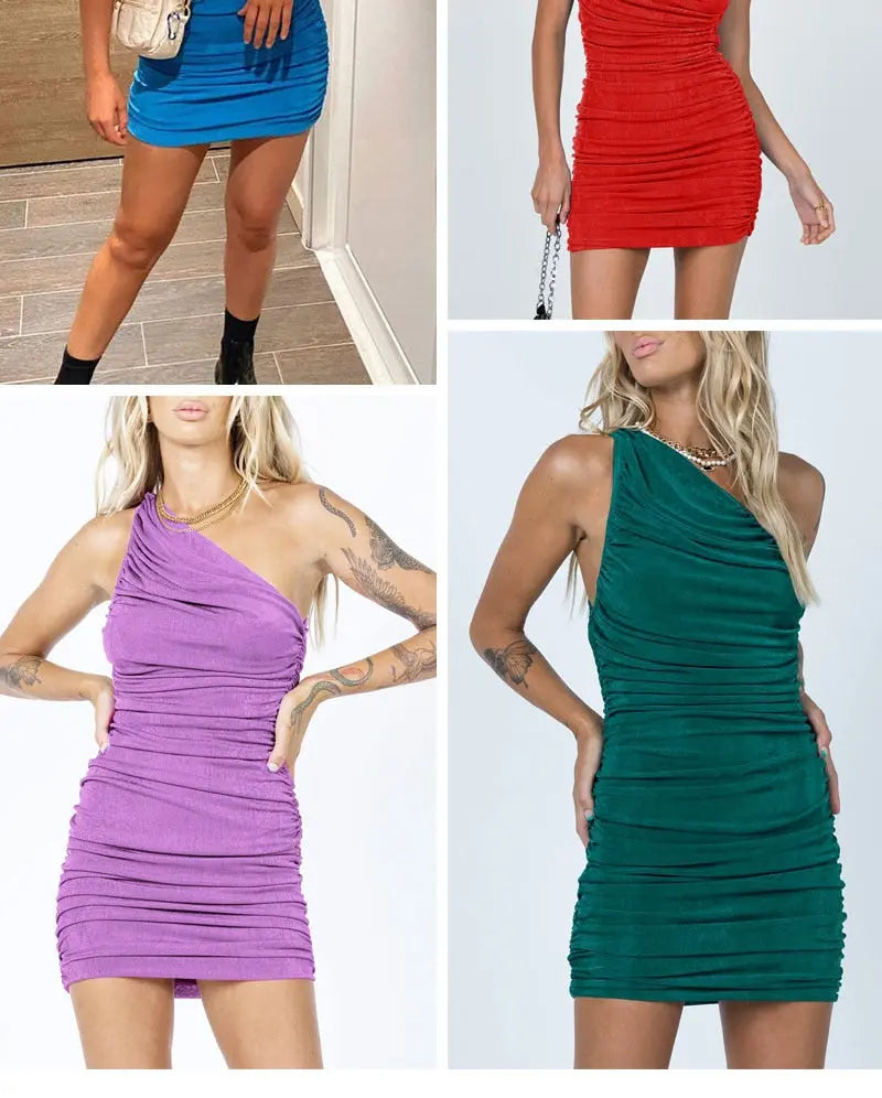 Elegant One Shoulder Party Dresses For Women Sleeveless Ruched Bodycon Dress Sexy Mini Summer Dress nowadaysfashion