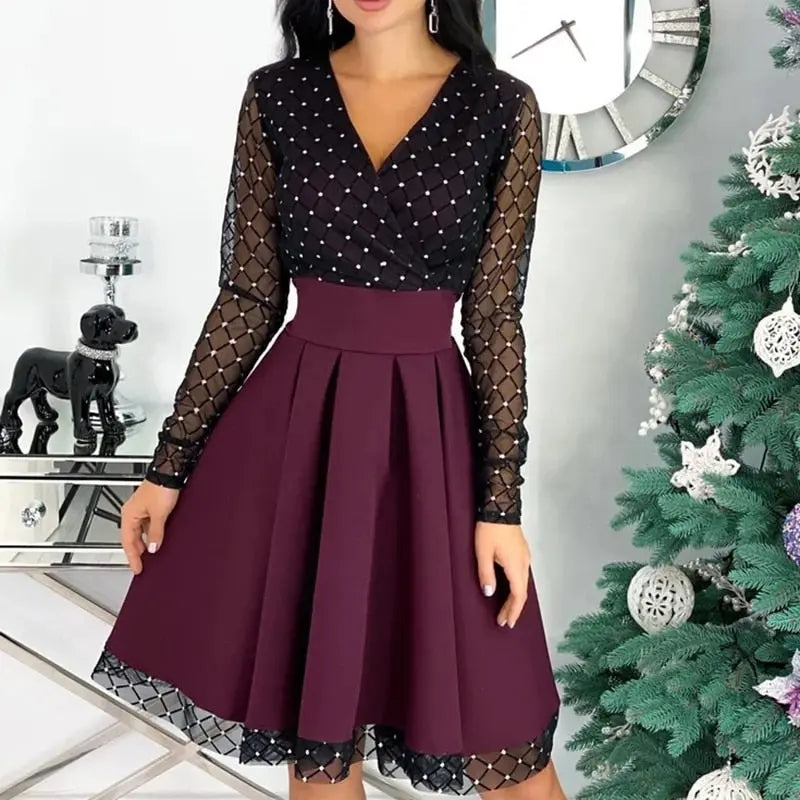 Shiny Sequin Diamond Mesh Stitching Dress Women Spring Autumn Sheer Long Sleeve Belted Slim A Line Dresses nowadaysfashion