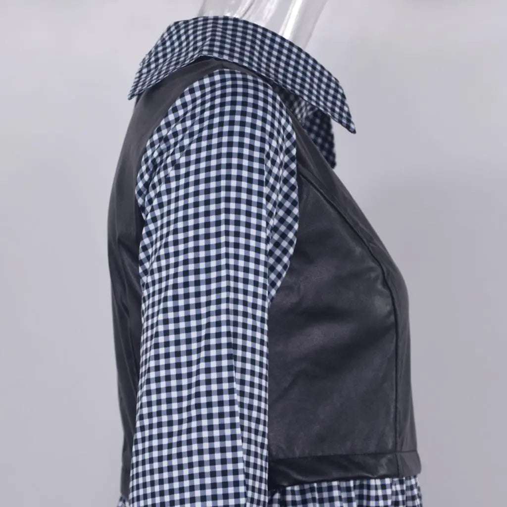Long Sleeve Mini Shirt Dress For Women White 2022 Spring PU Leather Patchwork Plaid Dresses nowadaysfashion