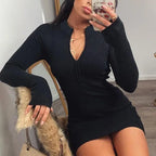 Bodycon Ribbed Dress Stand Collar Zipper Deep V-neck Solid Stretch Mini Vestido nowadaysfashion