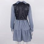 Long Sleeve Mini Shirt Dress For Women White 2022 Spring PU Leather Patchwork Plaid Dresses nowadaysfashion