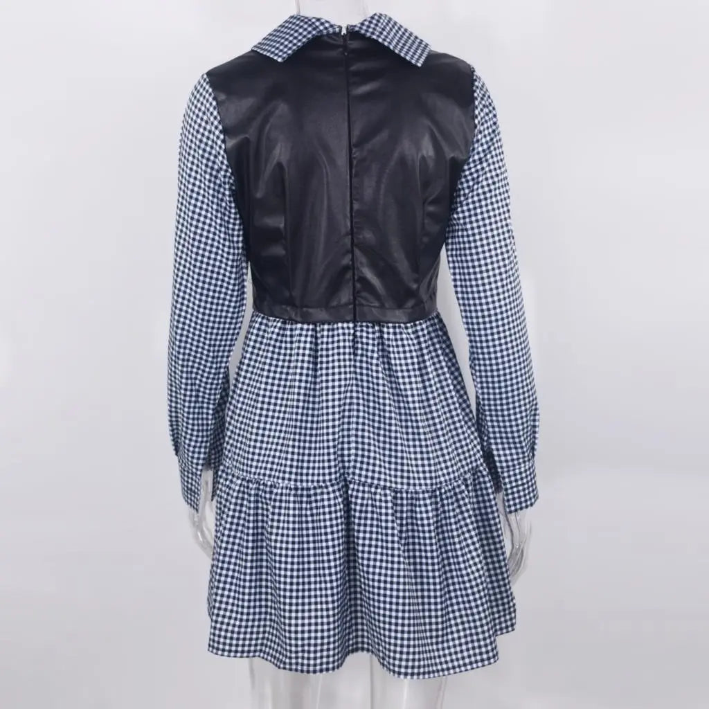 Long Sleeve Mini Shirt Dress For Women White 2022 Spring PU Leather Patchwork Plaid Dresses nowadaysfashion