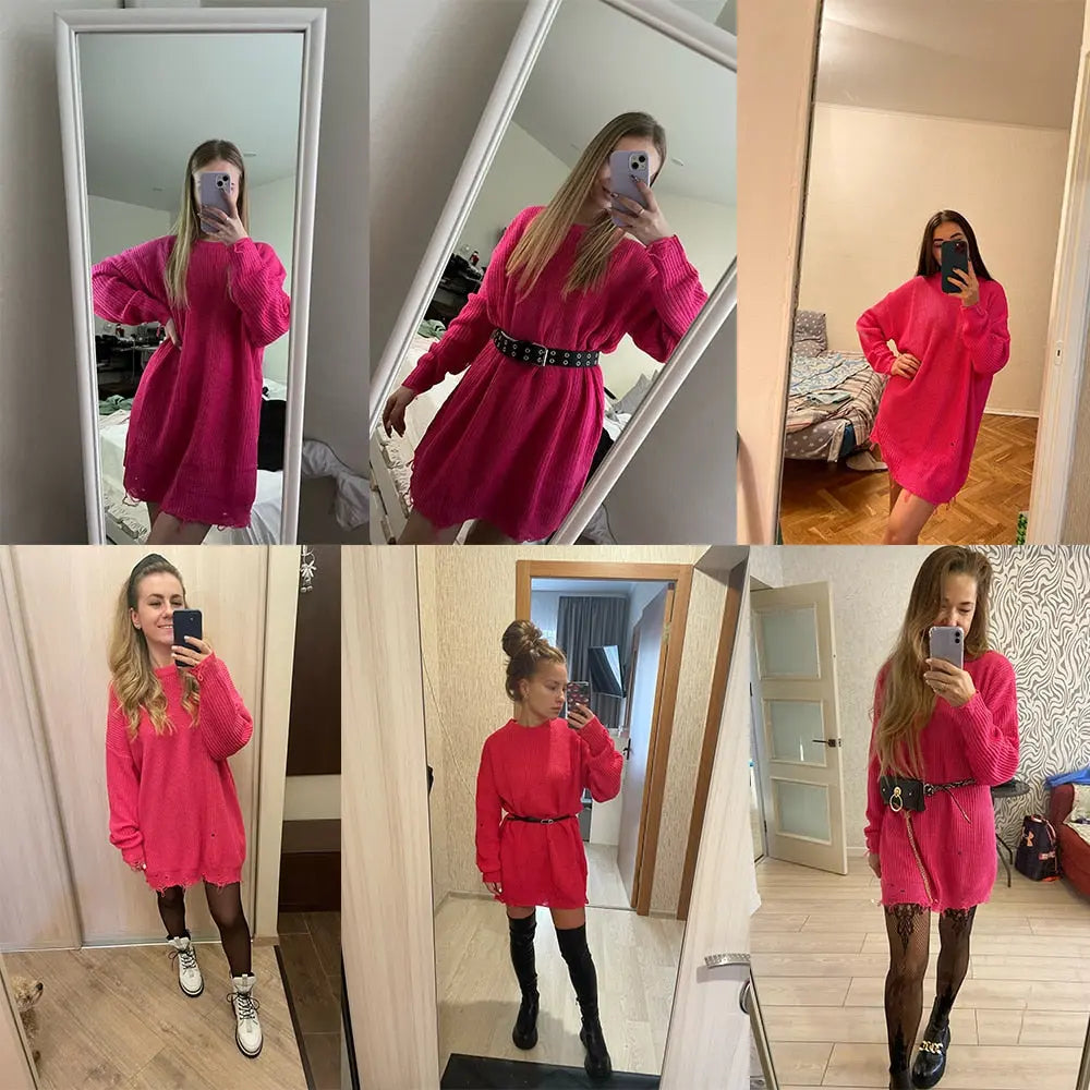 O Neck Oversized Mini Knitted Women Sweater Loose Dresses Autumn Winter Long Sleeve nowadaysfashion