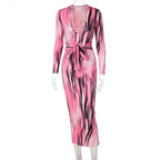 tie dye print women midi dress long sleeve bodycon sexy bandage bodycon nowadaysfashion