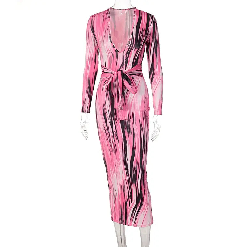 tie dye print women midi dress long sleeve bodycon sexy bandage bodycon nowadaysfashion