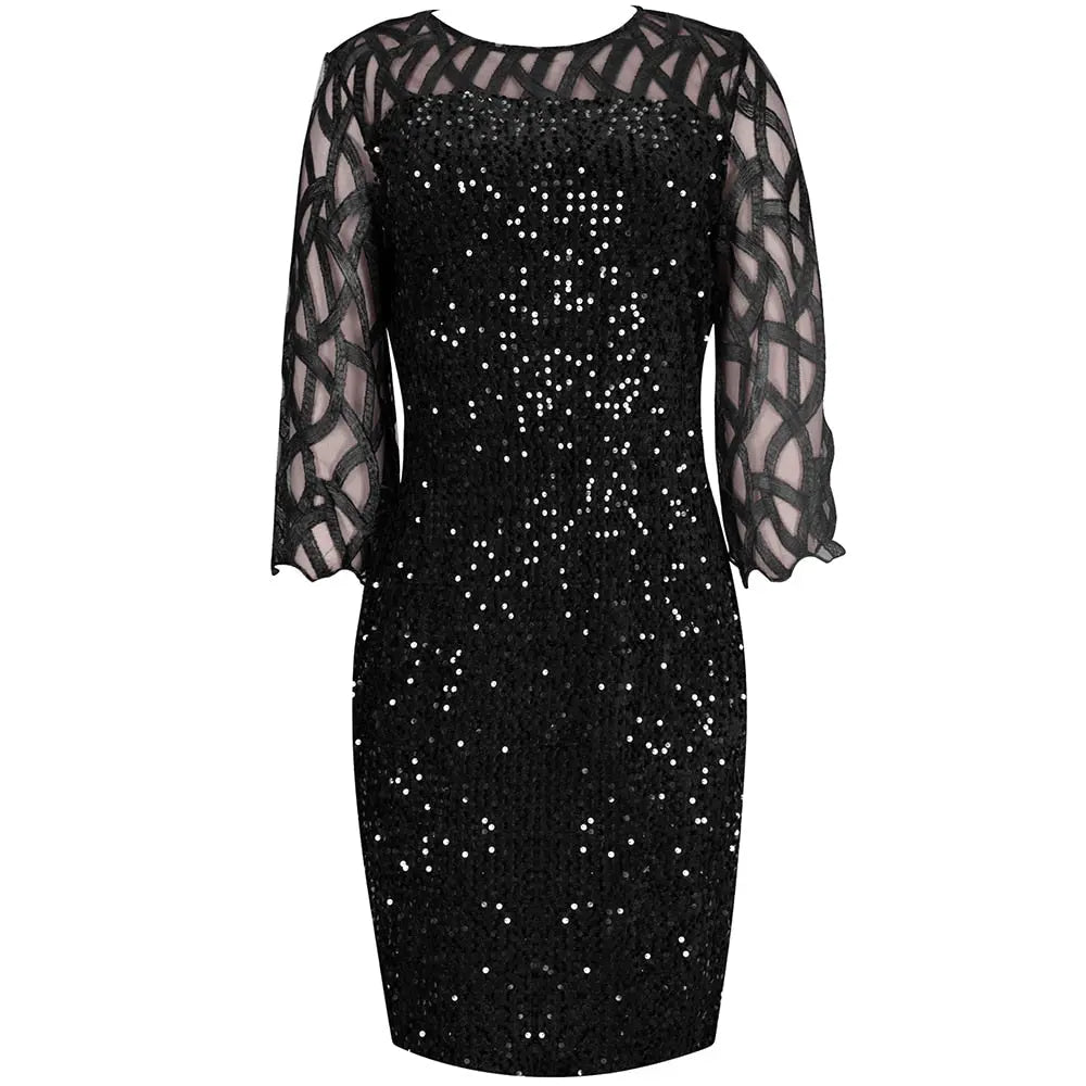 Elegant Sequin Evening Party Dresses 2022 Spring Mesh Patchwork Casual Midi Dress nowadaysfashion