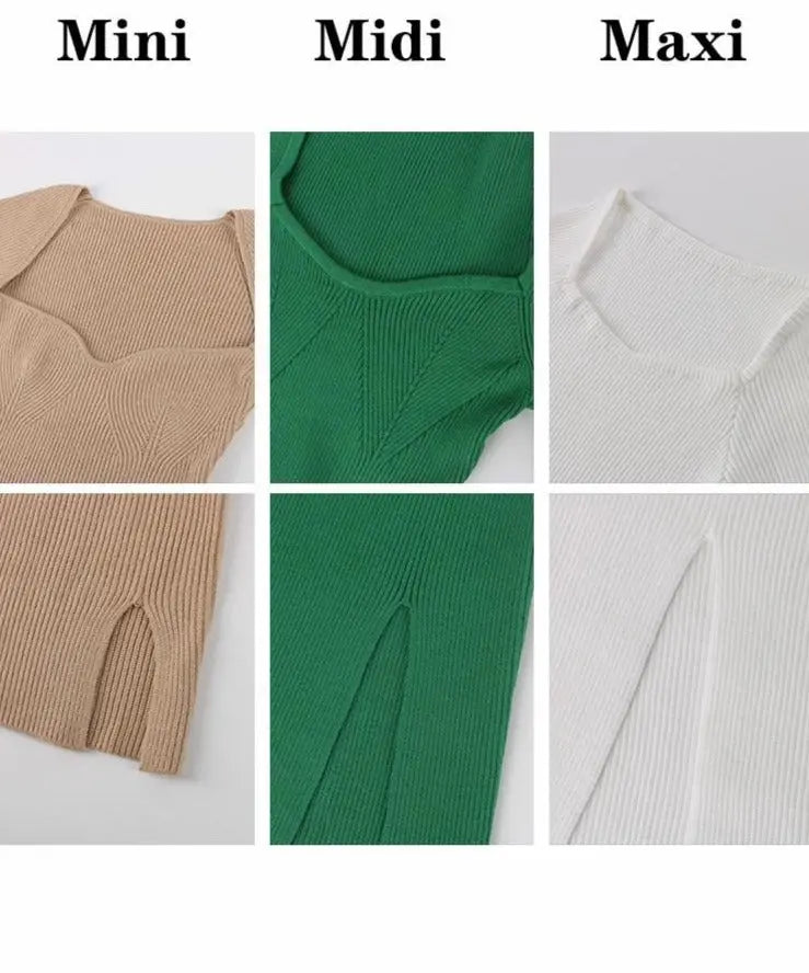 2022 Knitted Green Midi Sexy Bodycon Women Dress Spring Long Sleeve Off Shoulder Split Sweater Dresses nowadaysfashion