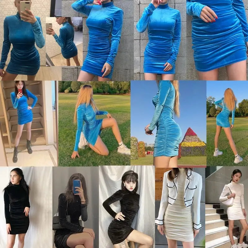 Bodycon Velvet Mini Dress Women Long Sleeve High Neck Party Dresses Female Velvet Sheath Dress nowadaysfashion