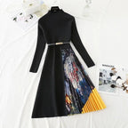 Knitted Patchwork Gradient Print Pleated Dress Long Sleeve Office One-Piece Sweater Dress With Belt nowadaysfashion