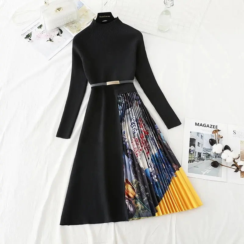 Knitted Patchwork Gradient Print Pleated Dress Long Sleeve Office One-Piece Sweater Dress With Belt nowadaysfashion