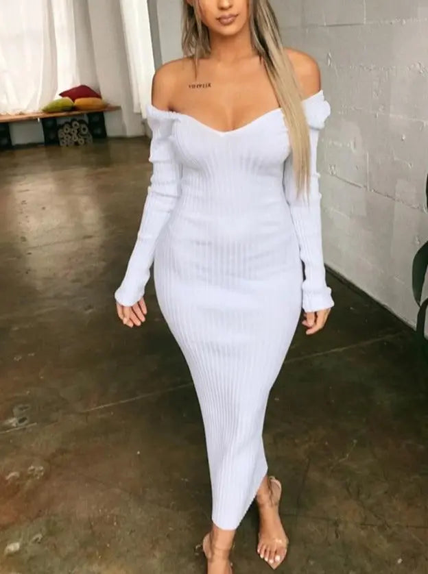 Sexy Bodycon Midi Woman Dress Knitted Long Sleeve V Neck Party Elegant Robe Women's Dresses nowadaysfashion