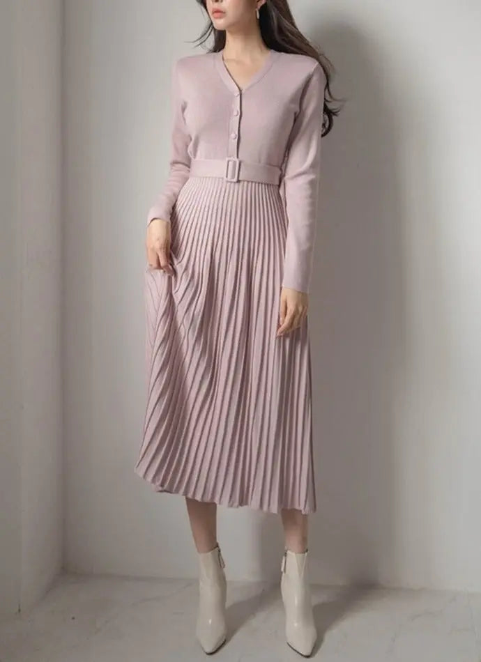 V-neck Single-breasted Women Thicken Sweater Dress Knitted Belted Female A-line soft dresses nowadaysfashion