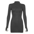 Spring Autumn Stretch Slim Soft Ribbed Knitted Turtleneck Casual Bodycon Zip Dress nowadaysfashion