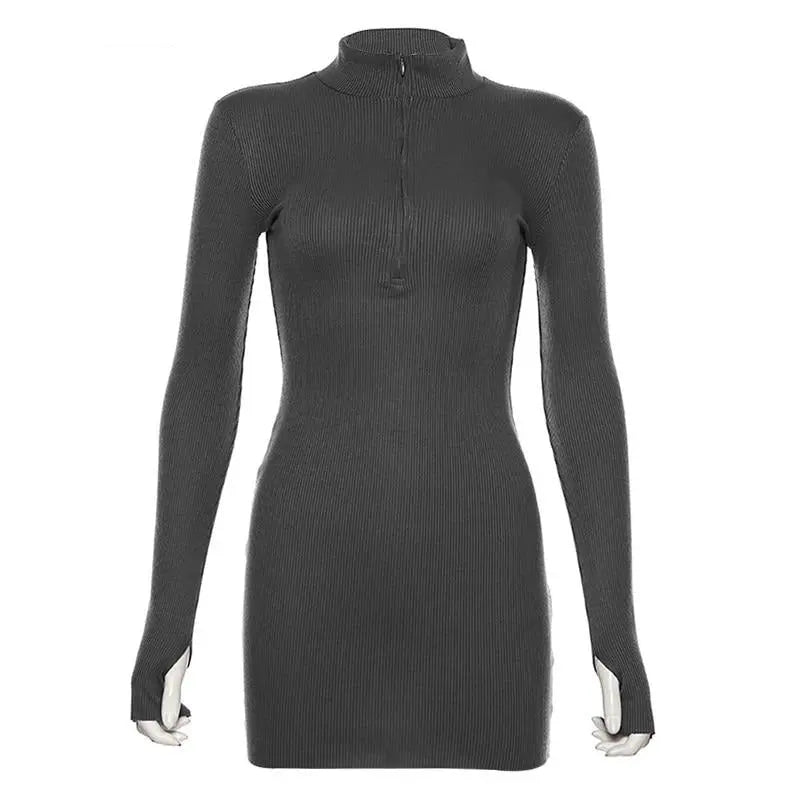 Spring Autumn Stretch Slim Soft Ribbed Knitted Turtleneck Casual Bodycon Zip Dress nowadaysfashion