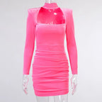Velvet Women High Neck Long Sleeve Mini Dress Ruched Hollow Out Shoulder Pad Bodycon nowadaysfashion