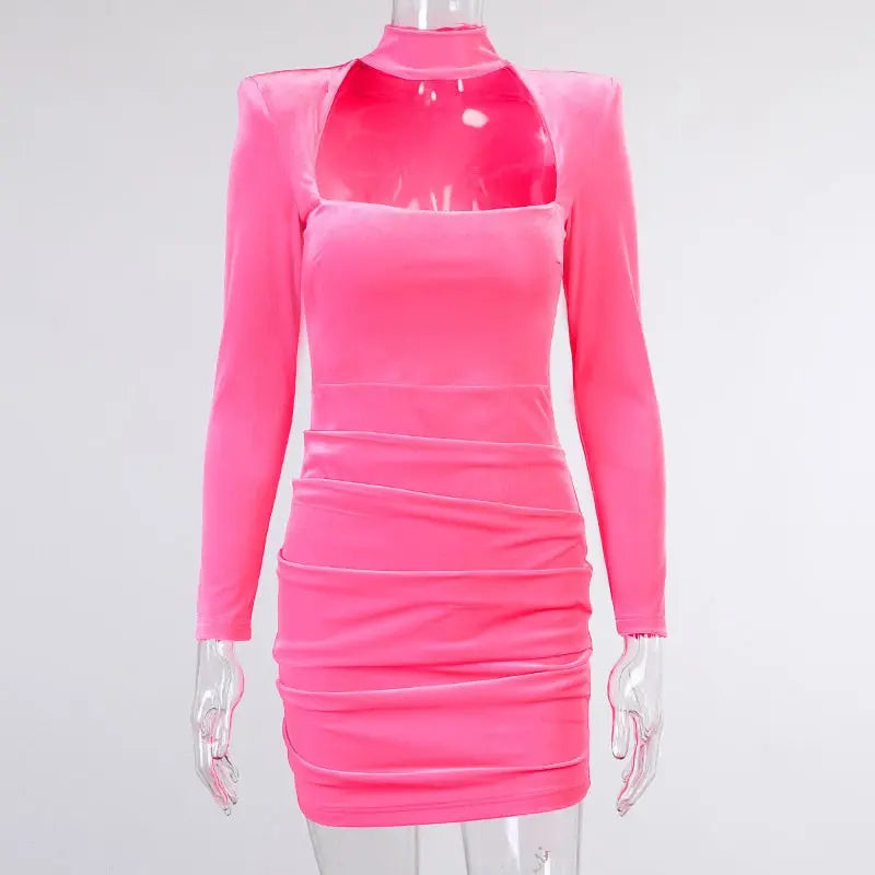 Velvet Women High Neck Long Sleeve Mini Dress Ruched Hollow Out Shoulder Pad Bodycon nowadaysfashion