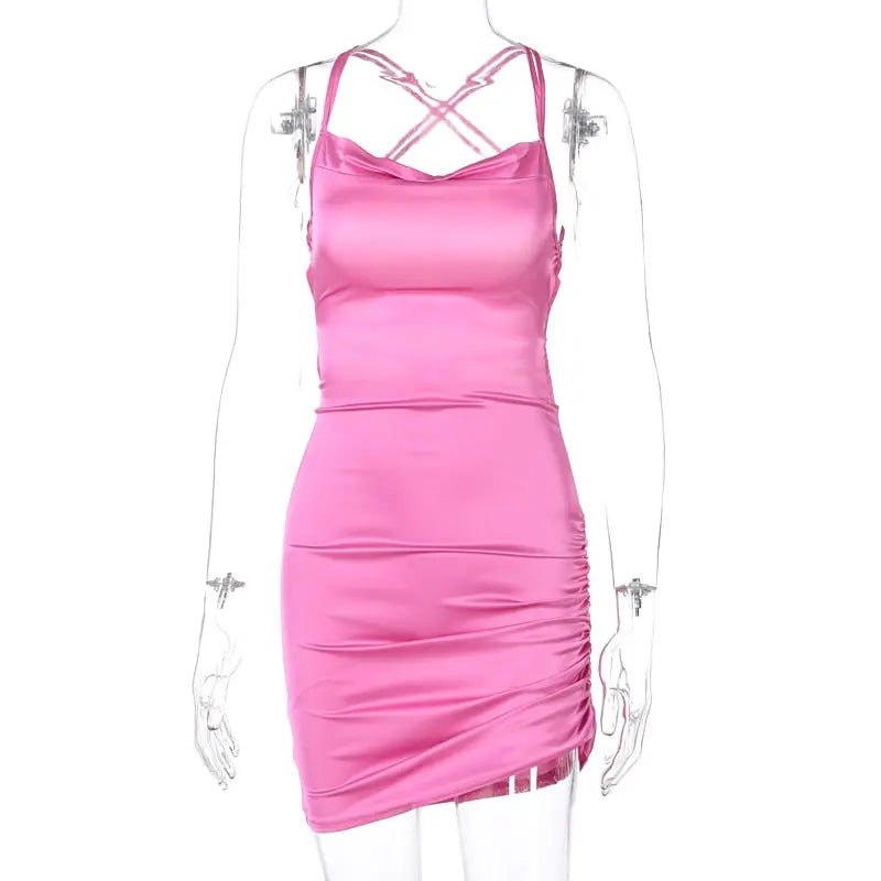 Satin Women Strap Mini Dress Ruched Lace Up Cross Bandage Backless Bodycon Sexy Party Elegant nowadaysfashion